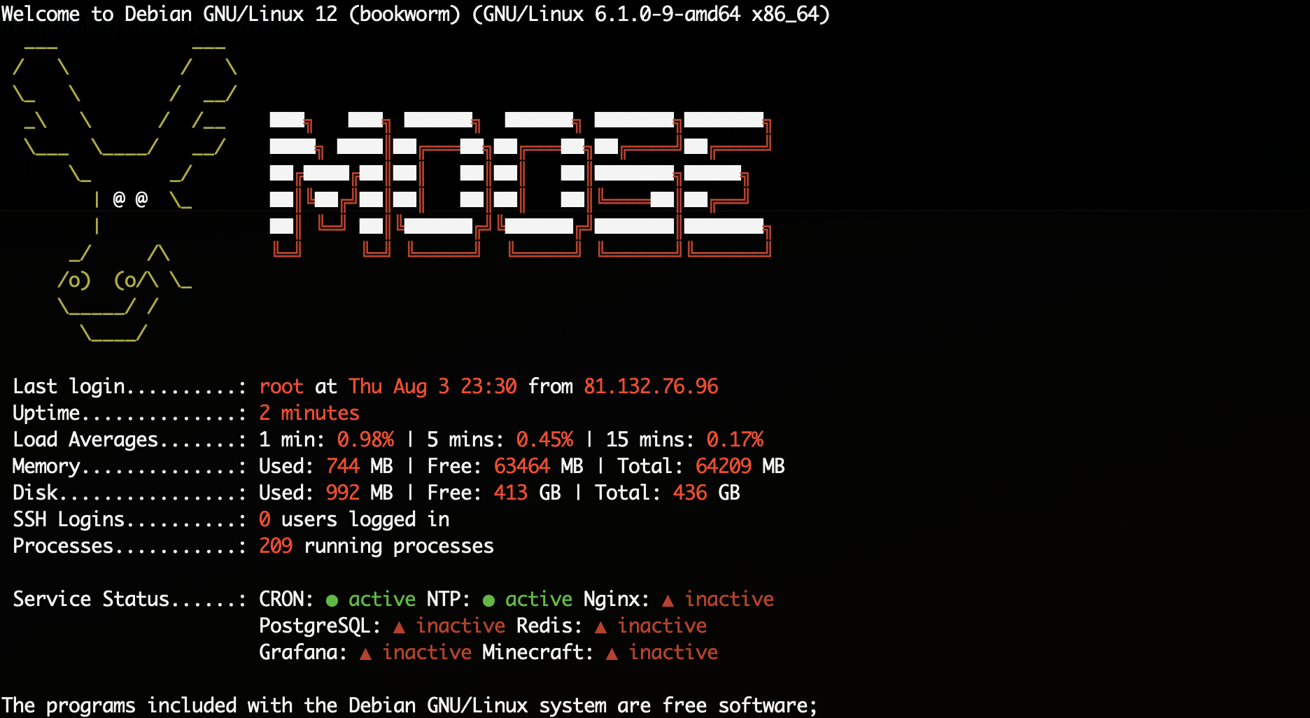 MOTD for my server. Top line welcomes you to Debian GNU/Linux 12 (bookworm). This is followed by an ASCII banner showing a moose head next to the word moose in large red and white ASCII block chars. Below the banner is a list of system information: last login, uptime, load averages, memory, disk, ssh logins and processes count. Below that is a series of service status's with the state denoted by a green circle or a red triangle.